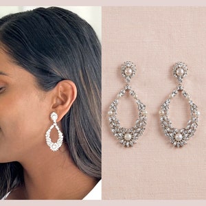 Bridal Hoop Earrings, Pearl Wedding Earrings, Rose Gold Bridal Earrings, Crystal and Pearl Wedding Earrings,  Laiken Earrings