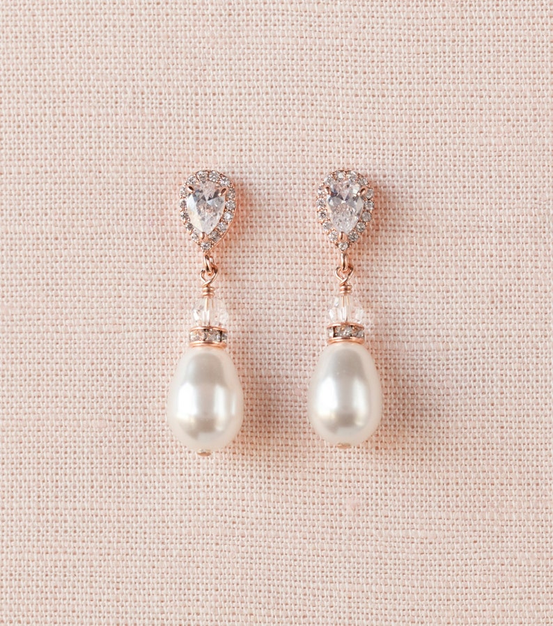 Pearl Drop Bridal Earrings Rose Gold Wedding Earrings Etsy