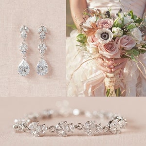 Kristall Braut Armband, Kristall Hochzeit Ohrringe, lange Gold Braut Ohrringe, Rose Gold Armband, Blatt Ohrringe, Melonie Armband
