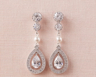 Swarovski Bridal Earrings, Pearl and Crystal wedding earrings Rhinestone  Bridesmaids Dainty Misty Bridal Earrings