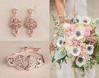 Rose Bridal Bracelet set Bridal Earrings, Gold Wedding Jewelry, Crystal Bracelet Crystal Bridal Jewelry Crystal Earrings, London Jewelry