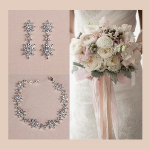 Bruidsarmband, kristallen bruiloftoorbellen, roségouden, zilveren sieradenset, gouden bruiloftarmband, kristallen bruidsoorbellen, Ellary-sieraden