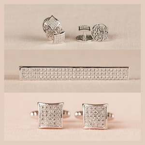 Tuxedo Studs, Bräutigam Pave Kristall Krawattenklammer, Manschettenknöpfe Silber, Pave Crystal Herrenschmuck
