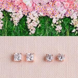 Rose Gold Stud Earrings, Square OR Round Crystal Stud Earrings, 2nd hole Earrings, Flower girl jewelry, Small Crystal Stud earrings