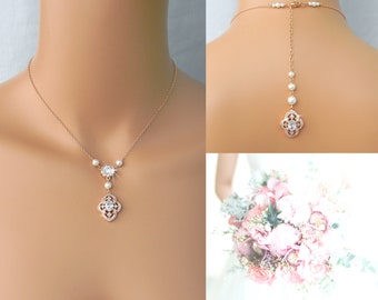 Pearl Bridal Necklace, Rose Gold, Dainty Backdrop Bridal Necklace, Wedding earrings, Vintage Style Bridal Jewelry SET, Lola Bridal Jewelry