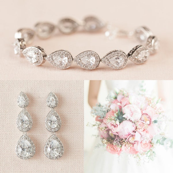 Bridal Earrings Teardrop Wedding Bracelet, Bridal Jewelry SET, Rose Gold, Gold, Swarovski, Teardrop Bridal Earrings, Maddie Bridal Jewelry