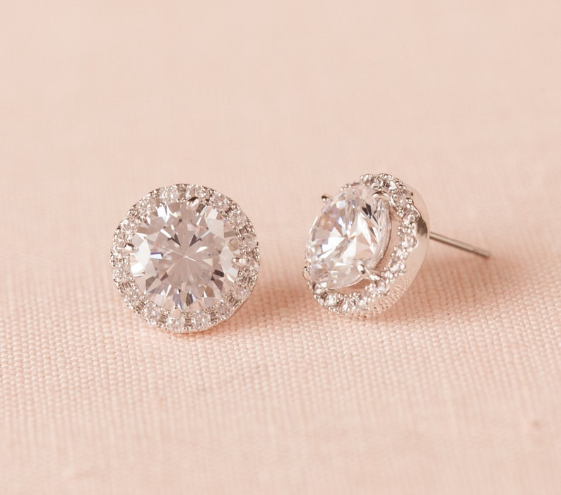 Crystal Stud Bridal Earrings, Rose gold, Gold, Round Halo Stud Earrings, Bridesmaid Jewelry, Swarovski, Wedding Earings, Reese Stud Earrings image 1