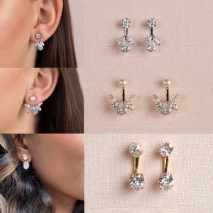 Bridesmaid Ear Jacket Front Back Earrings, Pearl and Crystal Stud Earrings, Oval Bridal Jacket Earrings,  Rose Gold, Gold Earring Jackets
