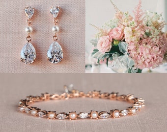 Rose Gold Bridal earrings, Wedding Bracelet Swarovski Pearl and Crystal, Wedding earrings, Bridal jewelry SET, Crystal Drop and Pearl SET