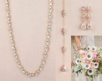 Rose Gold Back Necklace Bridal Backdrop Necklace, Crystal Leaf Necklace, Gold Bridal Jewelry SET, Simple Kendall Jewelry