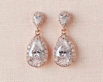 Rose Gold Bridal Earrings, Crystal Wedding Earrings,  Stud OR Ear wire Earrings, Halo Crystal Necklace, Ariel Teardrop Stud Earrings
