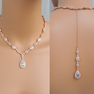 Rose Gold Back necklace, Backdrop Crystal Wedding Necklace,  Bridal Earrings, Crystal Bridal Jewelry, Wedding Jewelry, Christine Jewelry