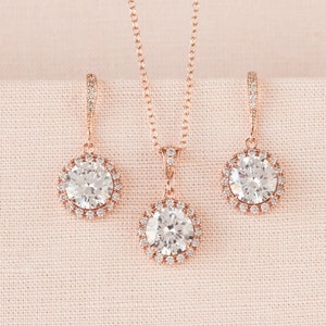 Crystal Bridal Earrings, Silver or Gold Round Halo Swarovski Bridal Necklace, RoseGold Bridal Jewelry SET, Wedding jewelry, Reese Bridal SET