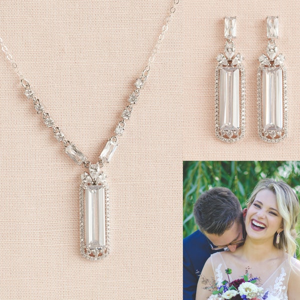 Silver Bridal Necklace Rose Gold Wedding Jewelry, Gold Jewelry, Long Emerald Cut Bridal Earrings, Bridal Jewelry SET, Tara Bridal Jewelry