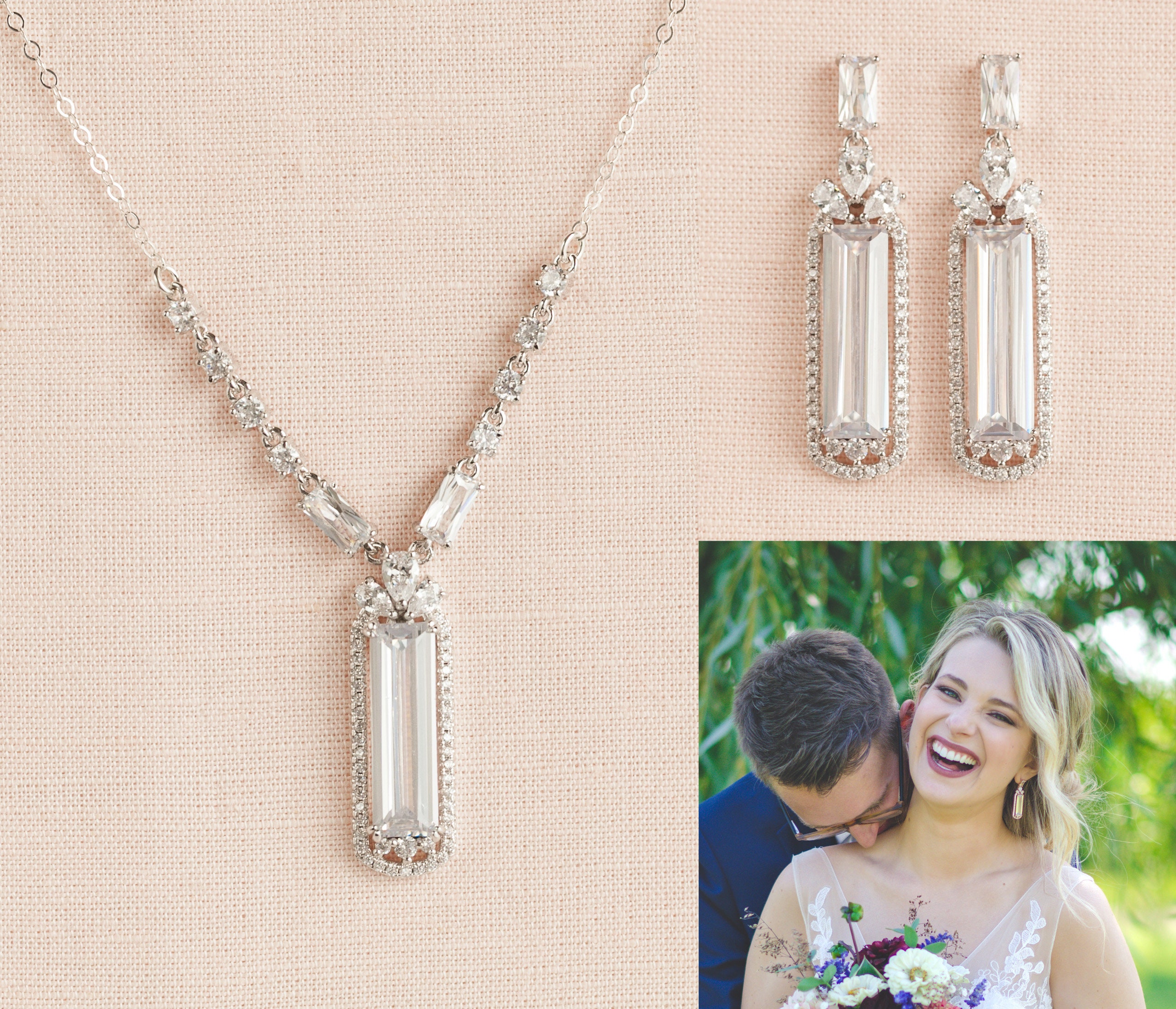 Silver Bridal Necklace Rose Gold Wedding Jewelry, Gold Jewelry, Long Emerald Cut Bridal Earrings, Bridal Jewelry SET, Tara Bridal Jewelry
