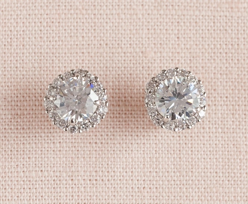 Gold Stud Bridal Earrings Crystal Wedding Earrings Halo Etsy