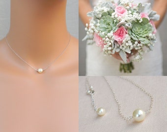 Simple Pearl Bridal Necklace, Bridesmaid Jewelry, Swarovski Pearl Necklace, Single Pearl Wedding necklace, Single Pearl Bridal Necklace