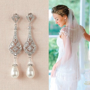 CLIP-ON Bridal Earrings, Wedding Earrings,  Art Deco Bridesmaid Earrings, Rose Gold Pearl Drop Earrings, Kristy Pierced OR Clip On Earrings