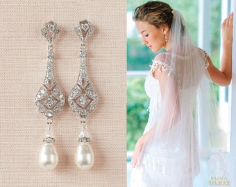 CLIP-ON Bridal Earrings, Wedding Earrings,  Art Deco Bridesmaid Earrings, Rose Gold Pearl Drop Earrings, Kristy Pierced OR Clip On Earrings