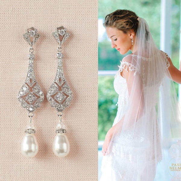 Boucles d'oreilles de mariée à CLIP, Boucles d'oreilles de mariage, Boucles d'oreilles de demoiselle d'honneur art déco, Boucles d'oreilles pendantes en perles d'or rose, Boucles d'oreilles Kristy