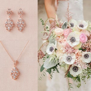 Rose Gold Earrings Bridal Crystal Earrings, Bridal Necklace, Rose Gold Filled & Sterling Silver Chain, Nickel FREE, Kinsley Jewelry