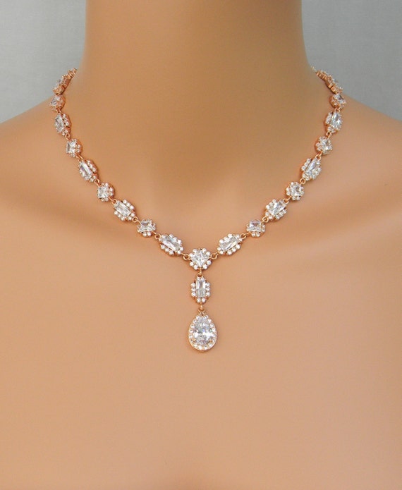 Rose Gold Bridal Necklace Rose Gold Crystal & Pearl Necklace 