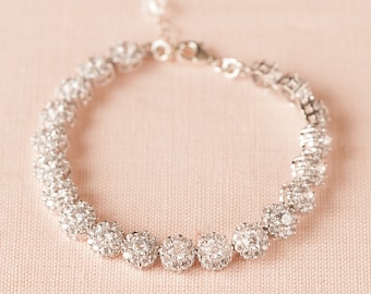 Kristallen trouwarmband, roségouden bruidsarmband, Swarovski, bruiloft bruidssieraden, geel goud, Aanya Halo-kristallen armband