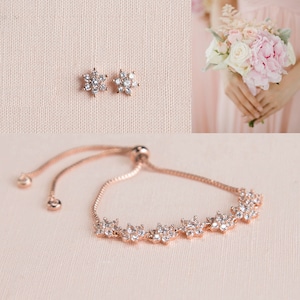 Pulsera para niña de las flores, joyería nupcial, pendientes de cristal, joyería para bodas, pendientes de clip o para orejas perforadas, regalo para damas de honor, joyería nupcial Zoe