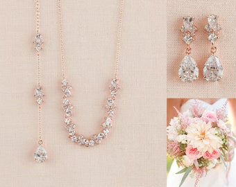 Rose Gold Bridal Necklace, Crystal Wedding Jewelry, High quality European Crystal, Back Drop Necklace, Kendall Necklace