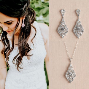 Jewelry for Bride,  Wedding Earrings, Rose Gold, Gold Wedding Jewelry Set, Silver Bridal Jewelry, Reagan Crystal Jewelry
