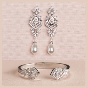 Bridal Jewelry SET Silver Wedding Bracelet, Pearl Drop Earrings, Rose Gold Wedding Jewelry Wedding Earrings and Bracelet, London Jewelry,