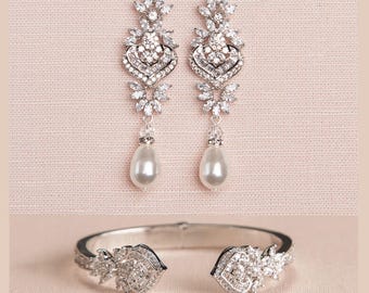 Bridal Jewelry SET Silver Wedding Bracelet, Pearl Drop Earrings, Rose Gold Wedding Jewelry Wedding Earrings and Bracelet, London Jewelry,
