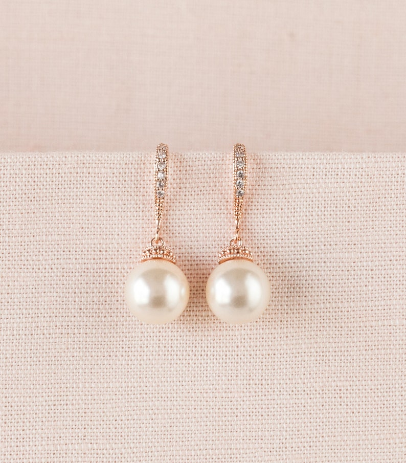 Rose Gold Bridal Earrings, Classic Pearl Wedding Earrings, Pearl Drop Bridesmaid earrings, Swarovski Pearl drop Earrings, Nova Pearl Jewelry image 10
