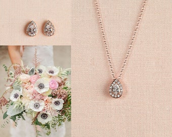 Small Stud Bridal Earrings, Rose Gold Stud Earrings, Tear Drop OR Round Necklace, Gold Earrings, Bridesmaid Jewelry, Maddie Jewelry