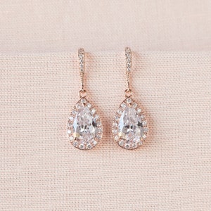 Kristallen bruidsoorbellen, roségouden bruiloftssieraden Swarovski-kristal trouwoorbellen Ketting bruidssieraden, roségouden Ariel-druppeloorbellen