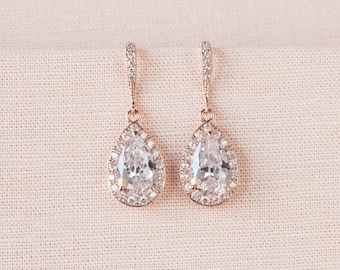 Crystal Bridal earrings, Rose Gold Wedding jewelry Swarovski Crystal Wedding earrings Necklace Bridal jewelry, Ariel Rose Gold Drop Earrings