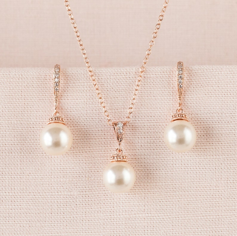 Rose Gold Bridal Earrings, Classic Pearl Wedding Earrings, Pearl Drop Bridesmaid earrings, Swarovski Pearl drop Earrings, Nova Pearl Jewelry image 1