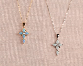 Opal Cross Pendant, Blue Opal Necklace, White Opal, Infinity Cross Necklace, Religious Necklace, First Communion Gift,  Cross Necklace