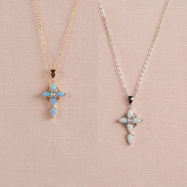 Pendentif croix d'opale, collier opale bleue, opale blanche, collier croix infini, collier religieux, cadeau de première communion, collier croix