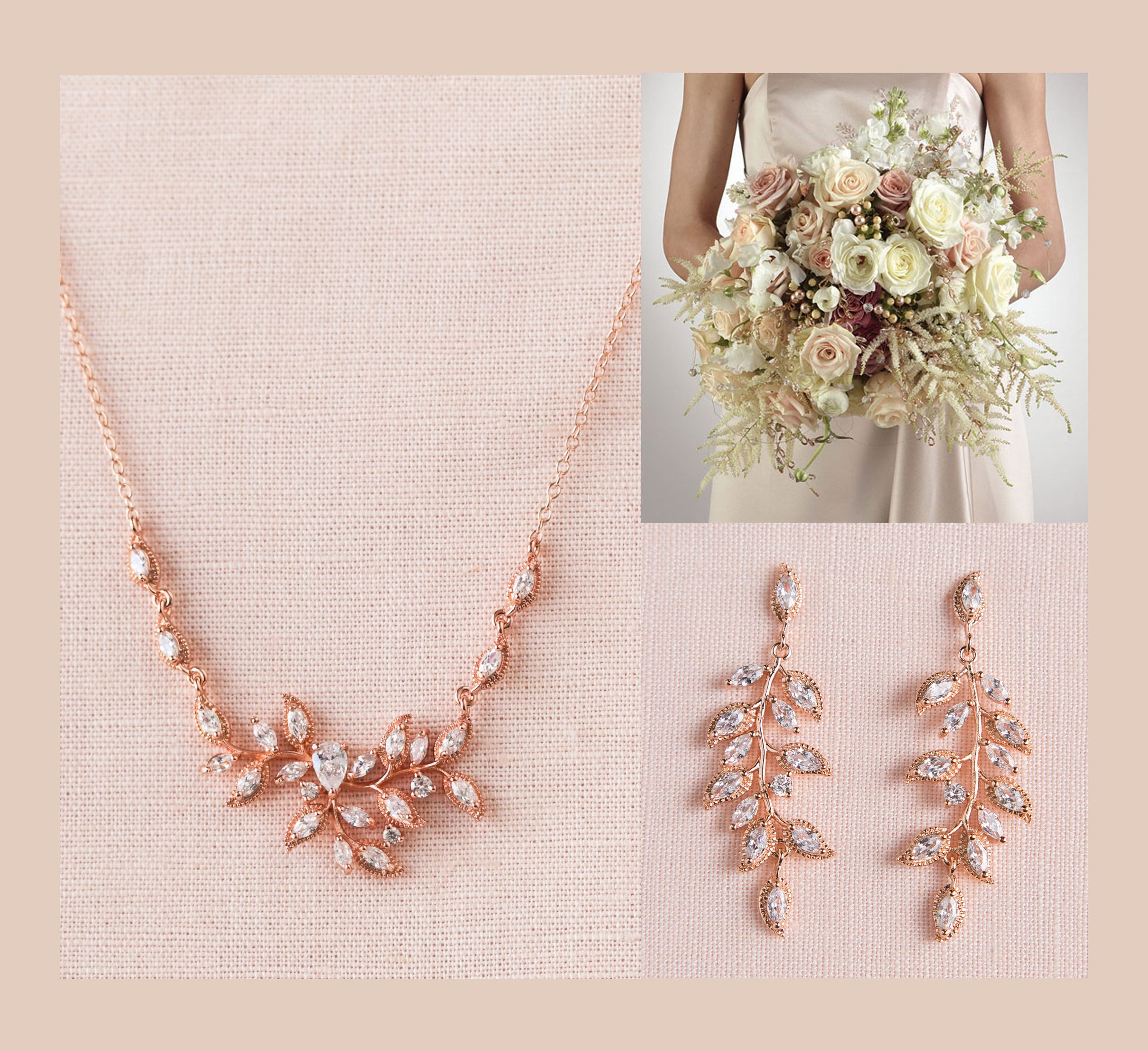 rose gold dress jewellery Bridal Jewelry SET, Wedding Earrings, Dainty Backdrop Bridal Necklace, Rose Gold, 925 Sterling Silver, Swarovski, Chunnie Jewelry Ballerina