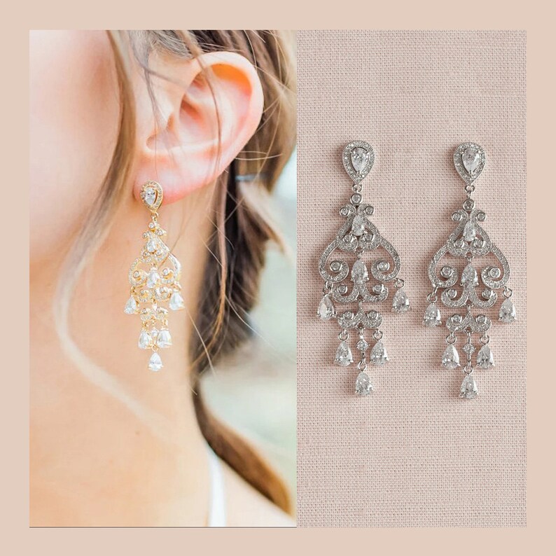 Dainty Wedding Earrings, Chandelier Bridal earrings, Crystal Bridal Earrings, Wedding jewelry, Dangle Bridal Earrings, Charlotte Earrings image 1