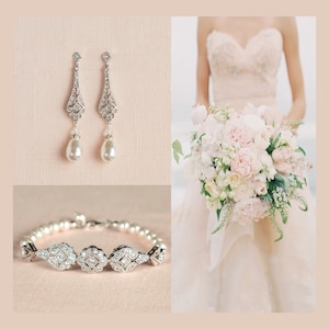 Bridal Earrings, Wedding Earrings, Swarovski Pearl Drop Dangle Earrings, Pearl Bracelet, Vintage Style, Wedding jewelry,  Kristy Earrings