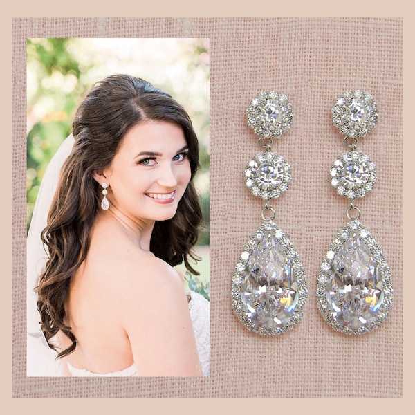 Pendientes de cristal para novias, pendientes de boda, pendientes largos de novia, damas de honor, joyería nupcial, pendientes largos de cristal
