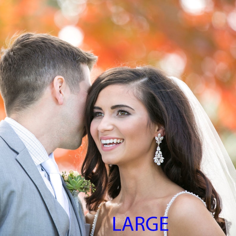 May include: A bride and groom pose for a wedding portrait. The bride is wearing a white wedding dress with a veil and a pair of crystal earrings. The groom is wearing a gray suit and a white shirt. The background is a blurred image of fall foliage.