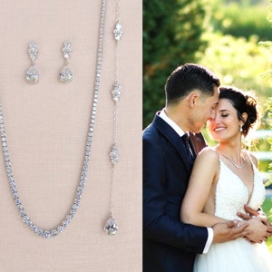 Simple Bridal Necklace, Backdrop Wedding Jewelry, Gold Bridal Earrings, Wedding Necklace, Rose Gold,  Wedding jewelry, Kendall Jewelry SET