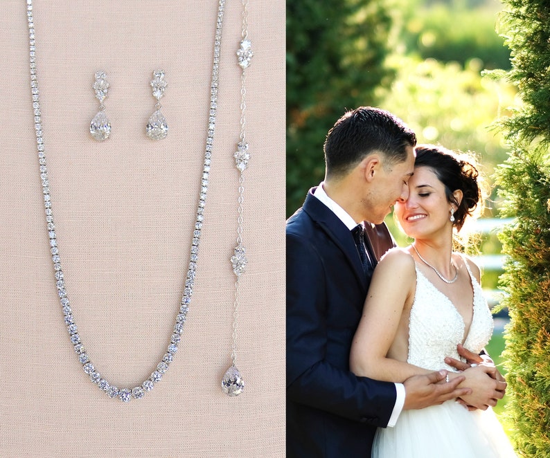 Simple Bridal Necklace, Backdrop Wedding Jewelry, Gold Bridal Earrings, Wedding Necklace, Rose Gold, Wedding jewelry, Kendall Jewelry SET image 1