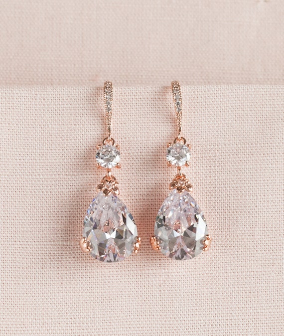 Rose Gold Bridal Earrings Bridal Jewelry Crystal Drop Earrings 