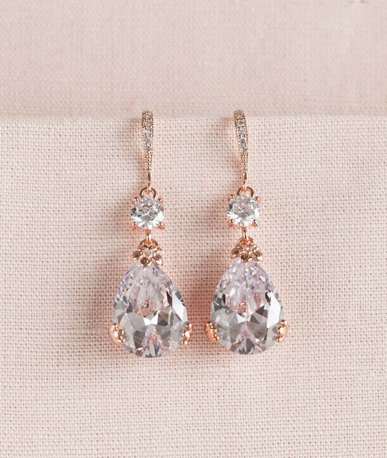 Rose Gold Bridal Earrings Drop Wedding Earrings Swarovski Etsy