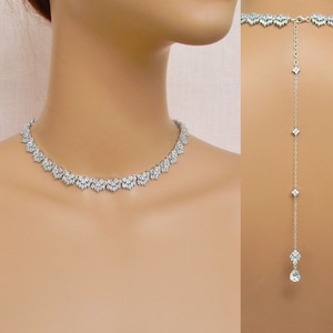 Back Drop Necklace Wedding Rose Gold Back Necklace, Gold Dainty Bridal Earrings, Backdrop Bridal Jewelry Set, Avery Wedding Jewelry
