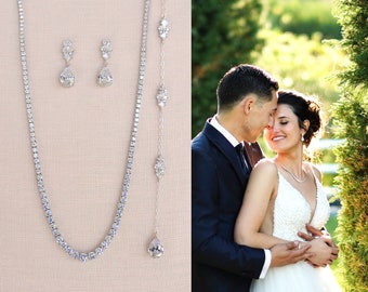 Bridal Backdrop Necklace, Back drop Gold Wedding Jewelry, Bridal Earrings, Wedding Necklace, Rose Gold, Wedding jewelry, Kendall Jewelry SET